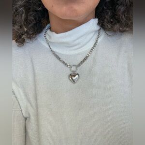 Silver Tone Chunky Chain Heart Pendant Necklace